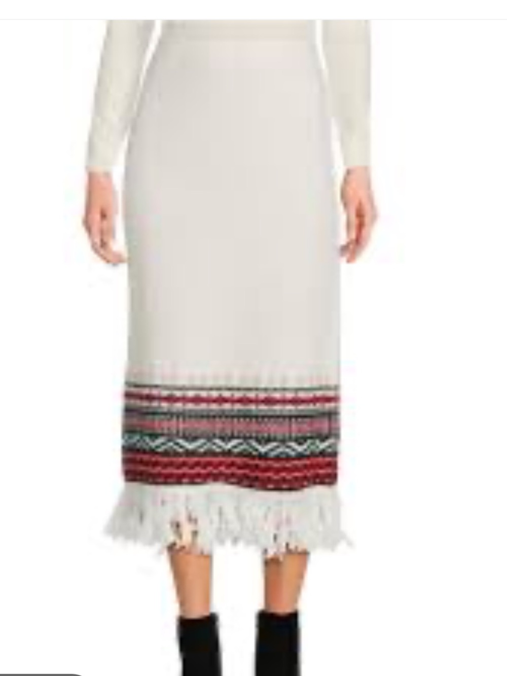 Every Women's Ivory Fringe Hem Knit Midi Skirt with Patterned Trim